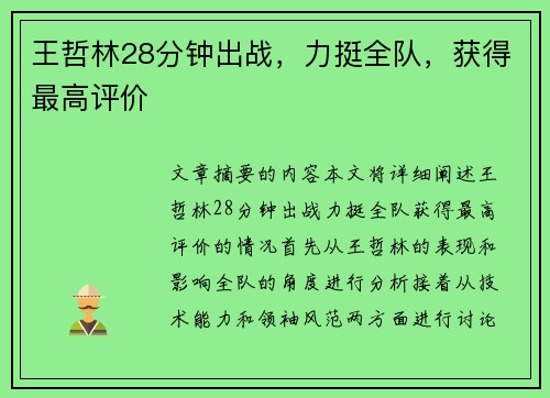 王哲林28分钟出战，力挺全队，获得最高评价